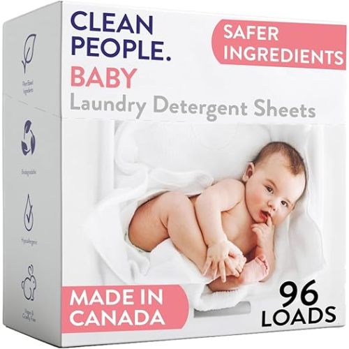 The Clean People Unscented Baby Laundry Detergent Sheets - Hypoallergenic - Ultra Concentrated, Recyclable Packaging, Fights Stains & Odors on Baby Clothes & Bedding - Fragrance Free, 96 Pack