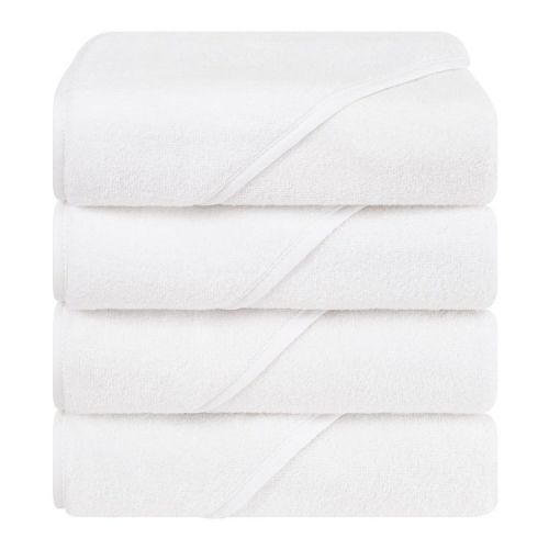 American Soft Linen 100% Cotton Soft Fluffy Hooded Baby Bath Towel Set 4 Piece - White