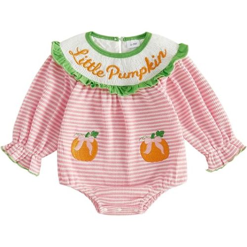My First Halloween Baby Girl Outfit Pumpkin Bubble Romper Long Sleeve Smocked Jumpsuit Cute Fall Clothes