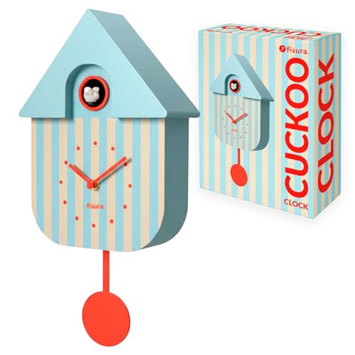 Fisura - Cuckoo Wall Clock for Home Office Decor, Blue & Beige Striped | Modern wall clock. Gift-ready home decor. Requires 3 AA batteries (not included). 8.5 x 3.1 x 16.3 in. ABS plastic.