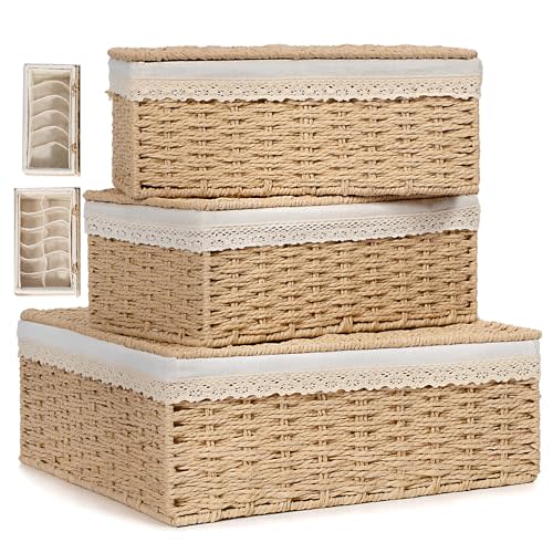 Brownlily Divided Basket with Lid set of 3, Large Wicker Shelf Baskets for Organizing with Liner, Natural Paper Rope Storage Basket Bins, Decorative Storage Baskets for Home Organization & Living room