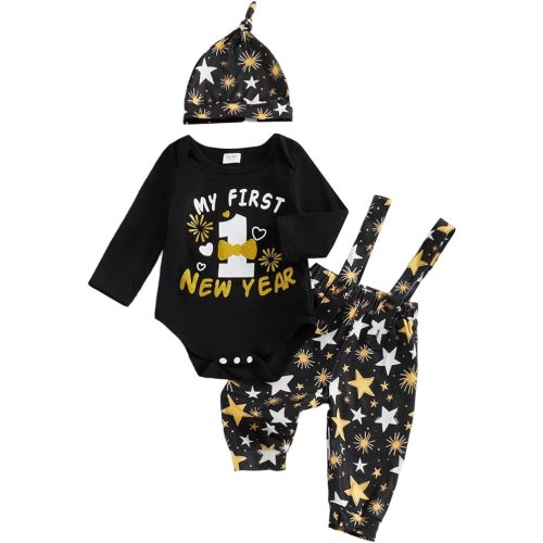 BeQeuewll Newborn Baby Boy Mardi Gras Outfit Letters Print Romper Striped Suspender Pants Overalls 3pcs Carnival Clothes Set