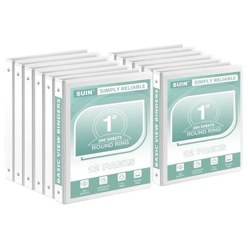 SUIN 1-Inch 3-Ring-Binder, Customizable Clear View Cover, for US Letter Size 8-1/2 x 11'', Perfect for Office/School (White - 12 Packs)