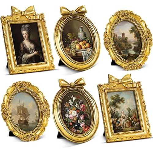 Vicenpal 3 Pcs Tiny Picture Ornate Frames 4 x 6 Inch Small Vintage Oval Picture Frames Gold Vintage Baroque Ornate Antique Resin Frame Table Top Display Frame for Home Wedding Decor (Gold)