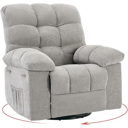 Rocking Recliner Chair,360° Swivel Rocker Chair for Living Room,Upholstered Fabric Glider Nursery Chair with Side Pockets for Small Spaces,Q235 Steel Frame Lazy Boy Recliner Single Sofa(Grey)