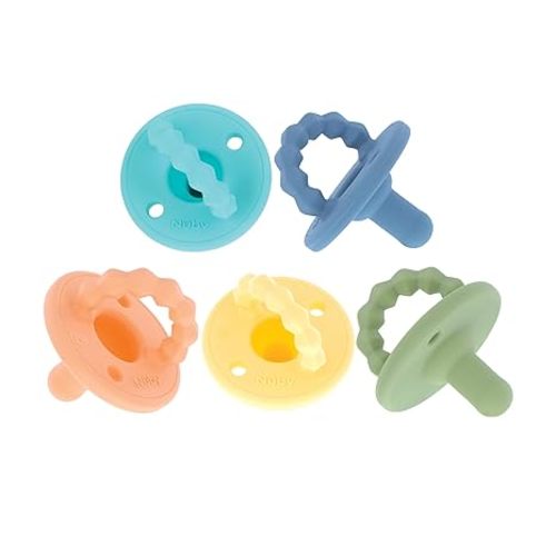 Nuby Silicone Softees Pacifier and Teethers - (5-Pack) Silicone Baby Pacifiers and Teethers - 0+ Months - Assorted Neutral Colors