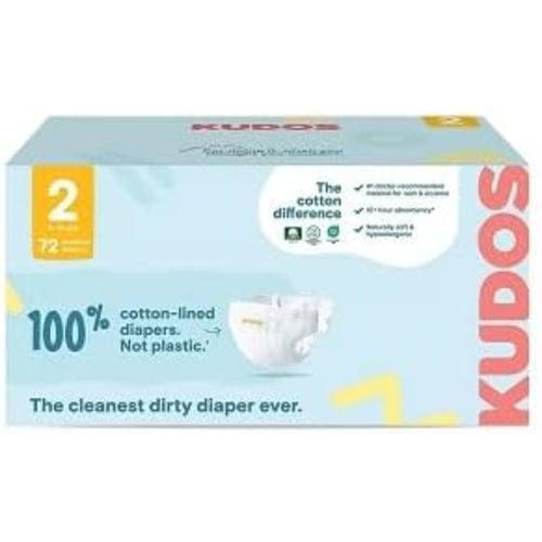 Kudos Chlorine Free Premium Diapers, 100% Cotton-Lined, Size 2, 72 Count, (6-16 lbs)