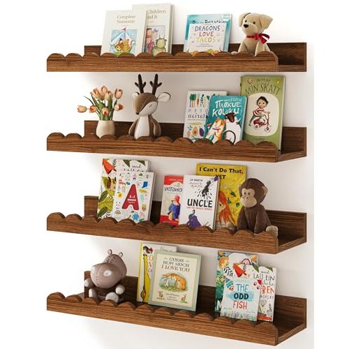 Shario Nursery Book Shelves, 4-Pack Walnut Brown,Floating Shelves for Wall Kids, Scalloped Shelves, Wall Book Shelves for Bedroom Kids, Toddler Room, Baby Room, Nursery Decor