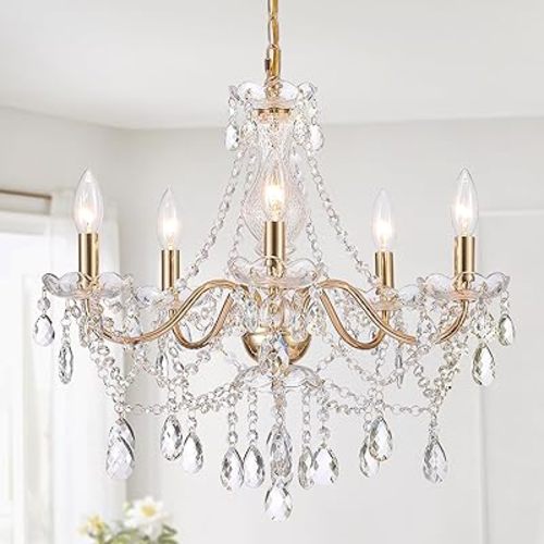 AMZASA Crystal Gold Chandelier, Glass Crystal Hanging Pendant Lighting, 5 Light French Country Gold Crystals Chandelier for Ceiling Medallions,Wedding,Dining,Kitchen, Foyer,Dia 20'' Golden