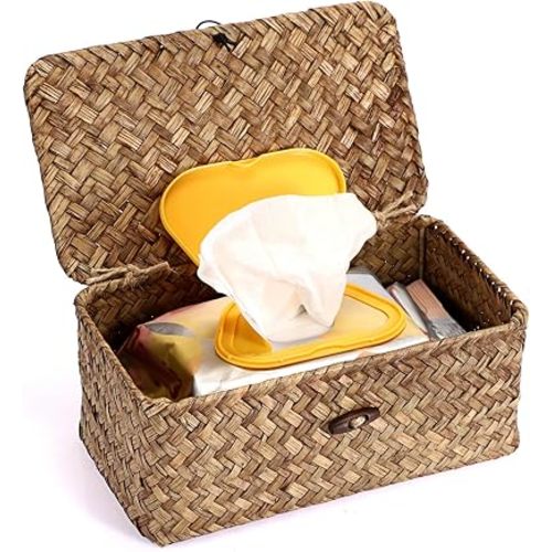KoKone Vintage Decorative Seagrass Woven Wipes Box Container with Lid