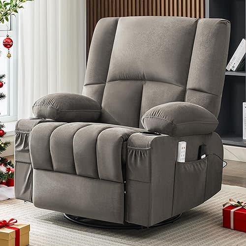 Oversized Recliner Chair for Adults, Swivel Rocker Recliner with Heat and Massage Lazy Boy Recliner,Recliner Chairs Single Sofa Seat with Cup Holders(Grey, Electric)