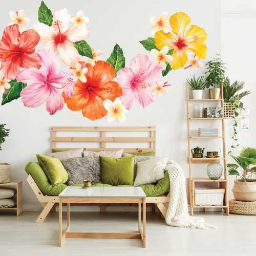 Tropical Hibiscus & Plumeria Watercolor Wall Decal - Tropical Hawaiian Flower Wall Mural by Chromantics
