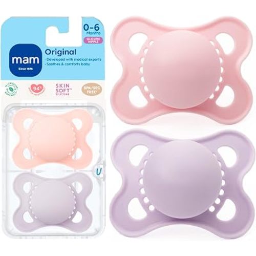 MAM Original Baby Pacifier 0-6 Mths, Skin Soft Silicone Nipple, 2 Pack