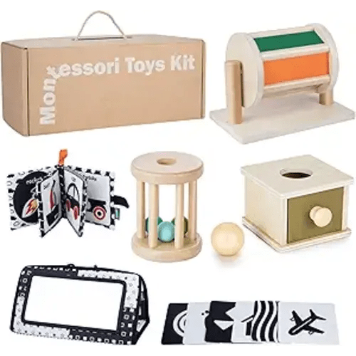 Montessori Toys for Babies 0-6 Months, 6 in 1 Learning Educational Set for Newborn, Toddlers Gifts Includes Spinning Drum, Object Permanence Box, Baby Roller Tummy Time Mirror and More
