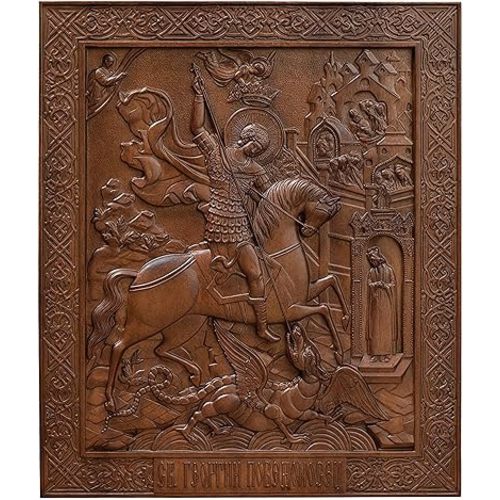HOLSM-III St. George Wall Art & Decor - Handcrafted Wooden Wall Decor & Sculpture, Religious Wall Art & Decor for Home, Church, Office - Carved Wood Wall Decor, Wood Wall Art