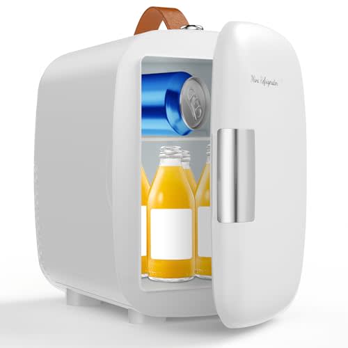 DUMOS Mini Fridge for Bedroom, 4L Compact Personal Fridge Cooler For Skincare, Drinks, And Snacks, Fits 6 Cans, Mini Refrigerator with 110V Ac/12V Dc, Ideal For Car, Dorm, White