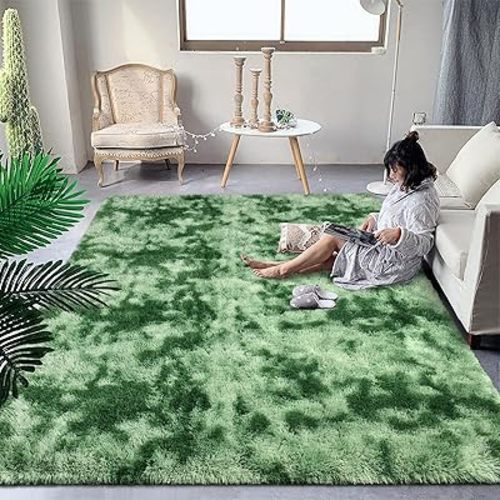 DweIke Fluffy Sage Green Shag Rugs for Bedroom Living Room, 4x6 Feet Soft Plush Tie-Dyed Mint Green Girls Boys Kids Rug, Non-Slip and Machine Washable Carpet for Dorm Nursery Classroom Decor