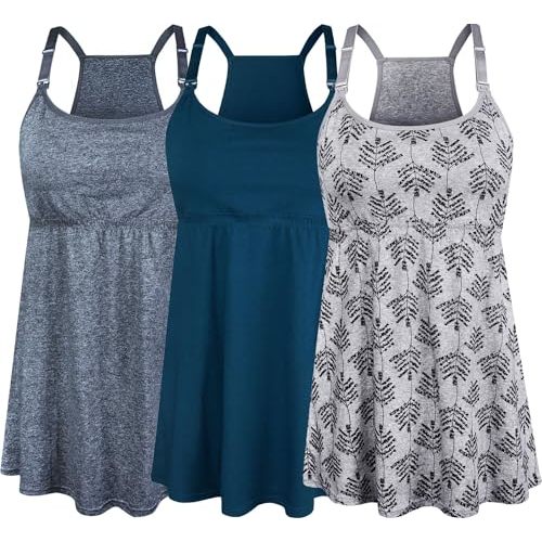 SUIEK 3 Pack Maternity Nursing Tank Tops with Bralette Cotton Breastfeeding Camisole