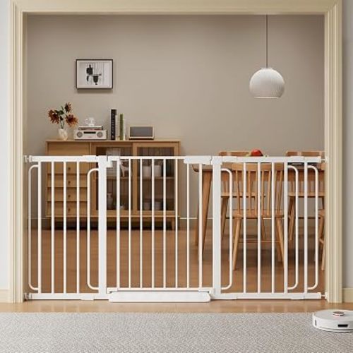 Extra Wide Baby Gate with Door 53.4-62 Inch Pressure Mounted, Auto Close Child Baby Gates for Doorways No Drill, Walk Through Dog Gate Indoor for The House, White