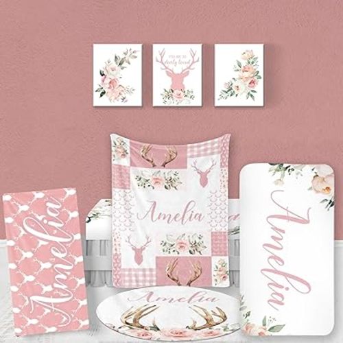 Custom Baby Bedding Set: Personalized Pink Deer Antlers Bedding, Baby Blanket Fitted Sheet Changing Cover Nursery Rug Gift Idea Room Decor