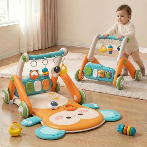 Jovow 2 in 1 Baby Gym with Walker,Baby Play Mat with Sensory Toys [Orange] | Double-Sided Multifunctional Removable Play Piano Panel for Babies 0-24 Months