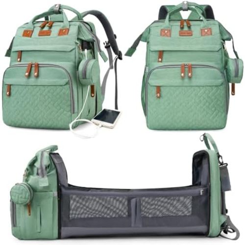 Baby Diaper Bag with Changing Station, Waterproof Diaper Bag Backpack for Moms Dads with USB Charging Port, Baby Shower Gifts, Large Capacity diaper backpack, Pale Green
