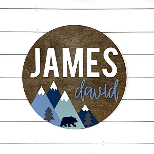 Custom Name Mountain Sign Bear Adventure Theme Outdoor Nursery Room Decor Wood Sign Nursery Wall Art Shower Gift Wood Wooden Printed Wood Plaque Sign 18 Inch