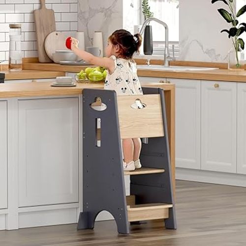 COSYLAND Toddler Standing Tower Adjustable Height - Super Stable Kids Kitchen Stool Helper - 3 Levels Adjustable Wooden Toddler Kitchen Stool (Natural & Light Gray)