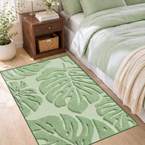 Arenarug Sage Green Monstera 3x5 Area Rugs High-Low Plush Pile Washable