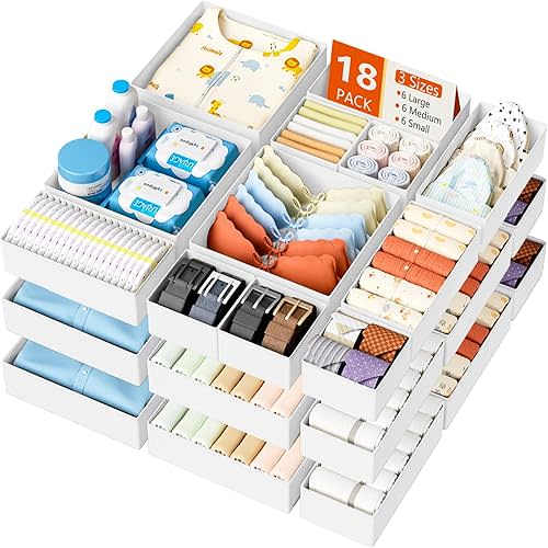 DIMJ Organizador de Cajones para Ropa - Paquete de 18 Organizadores de Cómoda para Bebé para Guardería, Contenedores Organizadores de Cajones Plegables para Organización de Clóset y Dormitorio