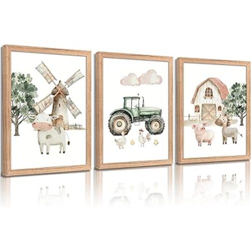 Farm Animals Nursery Wall Art, Cute Watercolor Cow Chicken Horse and Pig Framed Pictures Wall Decor, Green Tractor Poster, Country Farmhouse Painting Print Artwork for Kids Baby Room Playroom 12x16in