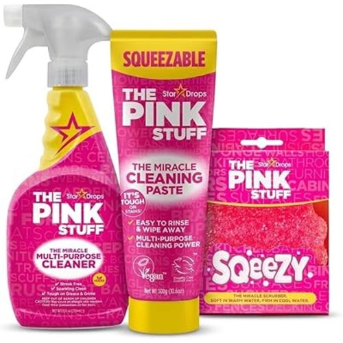 Stardrops The Pink Stuff Miracle Multi Purpose Cleaner Spray, Squeezable Cleaning Paste & SQeeZY Scrubber Sponge | Multi Surface Household Cleaning Kit for Kitchen, Bathroom, Tiles & Appliances