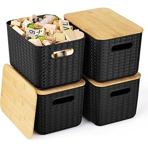 4 Packs Storage Bins with Bamboo Lids - Plastic Storage Containers with Lids Stackable Storage Box: Storages Baskets for Organizing Desktop Closet Playroom Classroom Office, Black