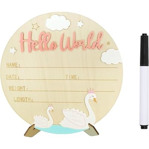 Baby Announcement Sign, 5.9 Inch Wooden Hello World Newborn Signs, Birth Announcement Sign, Clouds Swan Lake Decoration, Welcome Newborn Arrival To World, Hospital Nursery for Baby (Pink)