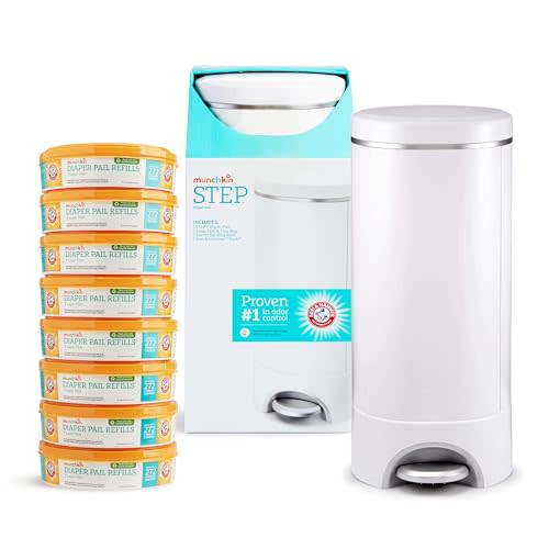 Munchkin® Step™ Diaper Pail Powered by Arm & Hammer, #1 in Odor Control, Award-Winning, Includes 1 Snap, Seal & Toss™ Bag, 8 Refill Rings, 1 Starter Refill Ring, and 1 Puck™ Baking Soda Cartridge