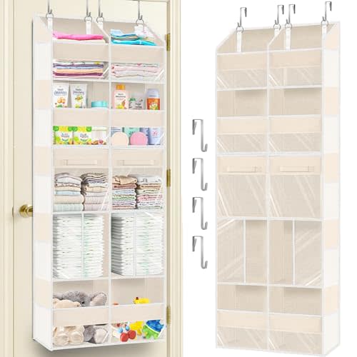 Over the Door Organizer 5 Tiers with Removable Drawers, Extra Large Door Storage of 6 Compartments & 2 Diaper Storage, Double-Column Clear Window Door Hanging Organizer for Nursery, Closet, Pantry