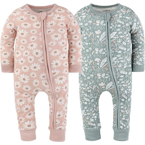 The Peanutshell 2-Pack Sleep and Play Baby Girl Clothes, Soft Cotton Footless Pajamas, Boho Meadow