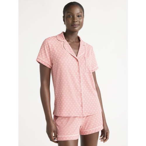Joyspun Women’s Short Sleeve Knit Notch Collar Top and Shorts Pajama Set, 2-Piece, Sizes XS-3X