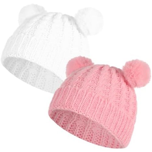 2Pcs Winter Beanie Hat Infant Fleece Lined Cap Winter Warm Knit with Pom Pom for Toddler Caps 0-3 Years Girls Boys