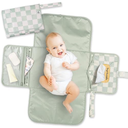 Tiny Twinkle Portable Diaper Changing Pad | Waterproof, Wipeable & Compact Baby Changing Pad for Travel | Smart Wipes Pocket & Organized Storage| Newborn Shower Gift (Sage Checkers)