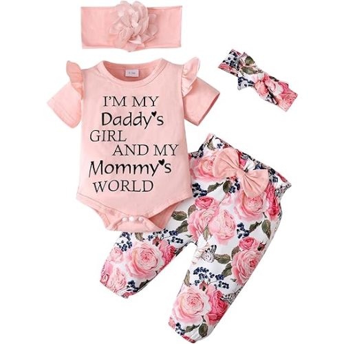 SUNNY PIGGY Newborn Infant Baby Girl Clothes Outfits Ruffle Romper Floral 4Pcs Pants Sets Toddler Girls Clothing Set