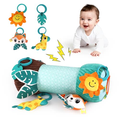 Blublu Park Inflatable Baby Tummy Time Toys Pillow for Newborn, Montessori Baby Sensory Toys Roller with Detachable Mirror, Squeaker, Teether & Rattle, Help with Early Development 3-6 Months (Fox)