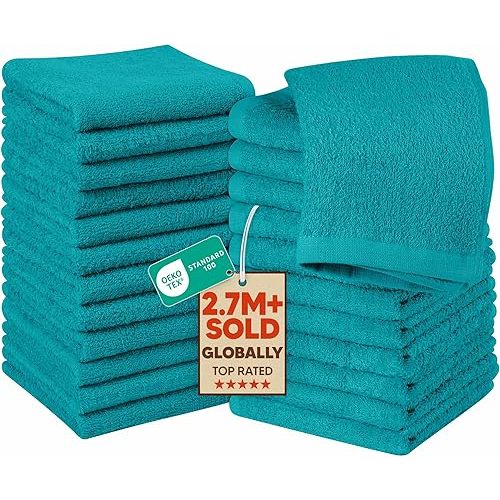 Utopia Towels 24 Pack Cotton Washcloths Set, 100% Ring Spun Cotton, Premium Quality Flannel Face Cloths, Highly Absorbent and Soft Feel Fingertip Towels, Turquoise