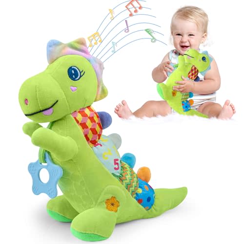 Baby Dino Musical Stuffed Animal Toys for 0-3-6-9-12 Months,Infant Dinosaur Tummy Time Toys with Crinkle Sound Paper,Teether,Textures & Rattles for Newborn Boys Girls Birthday Gifts,Green
