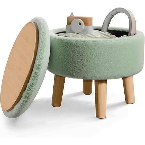 Poofzy Small Ottoman with Storage, Small Foot Stool Ottoman with Wood Legs, Faux Fur Foot Rest for Couch, Living Room and Bedroom - Light Green