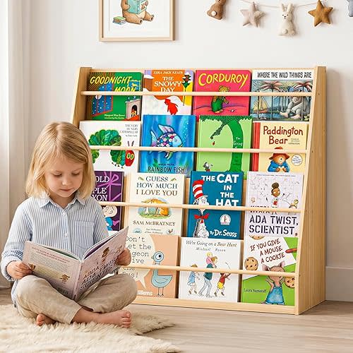 XiaZ Scalloped Kids Bookshelf, Stable Montessori Bookcase for Toddlers, Wooden Book Shelf Organizer Display Furniture for Kids Rooms, Playroom, Nursery and Classroom, 4-Tier