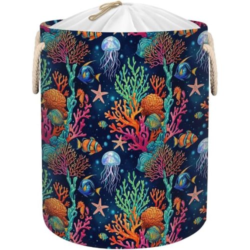 Large Laundry Basket Hamper - Coral Reef Ocean Collapsible Storage Bin for Dirty Clothes, Kids Toys, Blankets, 58L Tall Baby Nursery Hamper for Bathroom, Bedroom Decor, Gift Basket