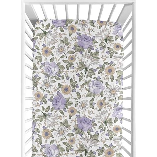Sweet Jojo Designs Fitted Baby Crib Sheets (Vintage Boho Floral) for Girls, Infant Nursery, Toddler Room - Standard Size (Purple, Shabby Chic, Flower, Rose, Watercolor, Garden, Bohemian, Farmhouse)