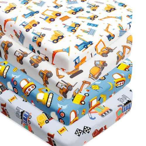 4 Pack Baby Boy Crib Sheets Set Soft Fitted Baby Boy Mattress Covers Construction Truck or Dinosaur Theme Breathable Toddler Sheets for Infant Boys (Construction Truck, Crib Sheets)