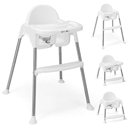 BABY JOY Baby High Chair, 4 in 1 Convertible Highchair for Babies & Toddlers with Adjustable Legs, Double Removable Tray, Safety Harness & Footrest (White)